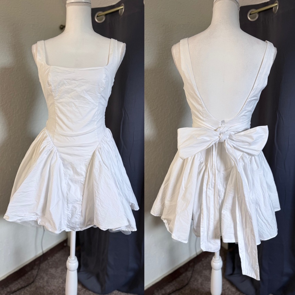 Windsor White Open Back Bow Mini Dress Square Neck Puff Skirt  Small - Picture 3 of 9